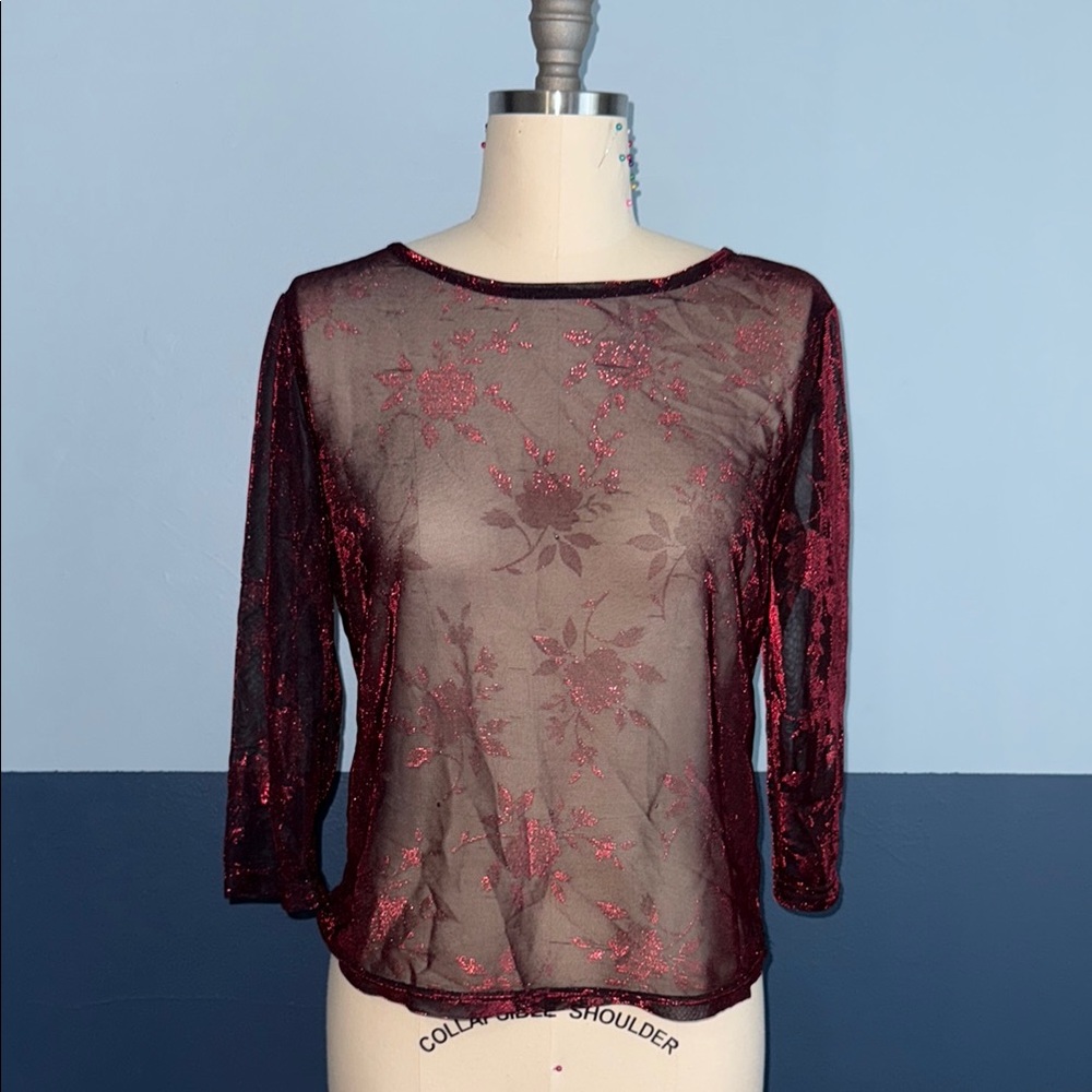 Vintage 2000s Fashion Bug Red Sheer 3/4 Sleeve Blouse